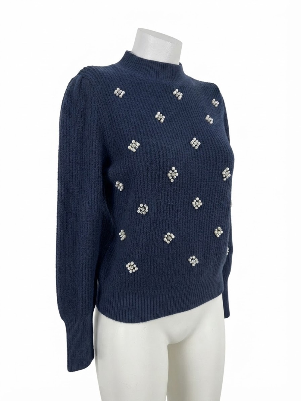 Liz Claiborne XL Navy Pearl Rhinestone Embellished Mock Neck Sweater NWT